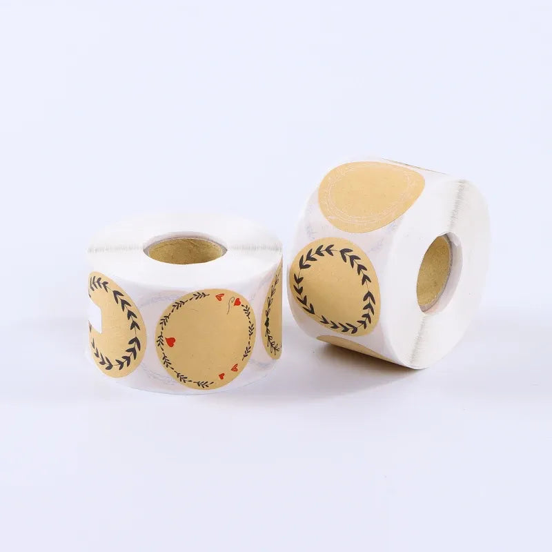 Kraft paper label roll with round decorative stickers, self-adhesive backing