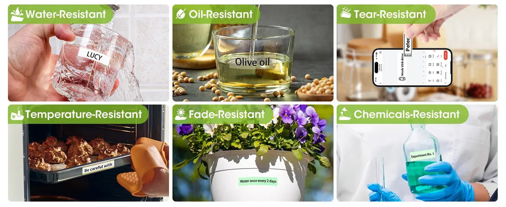 Durability feature icons for printed ribbon tape: water, oil, tear, temperature, fade