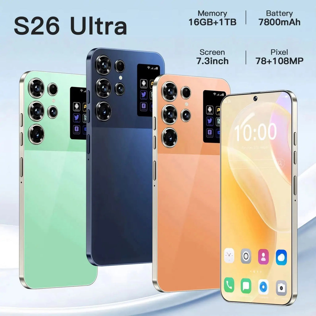 Tidesmit S26 Ultra 5G smartphone side angle showing sleek design 7.3 inch HD display and high-res camera lens detail