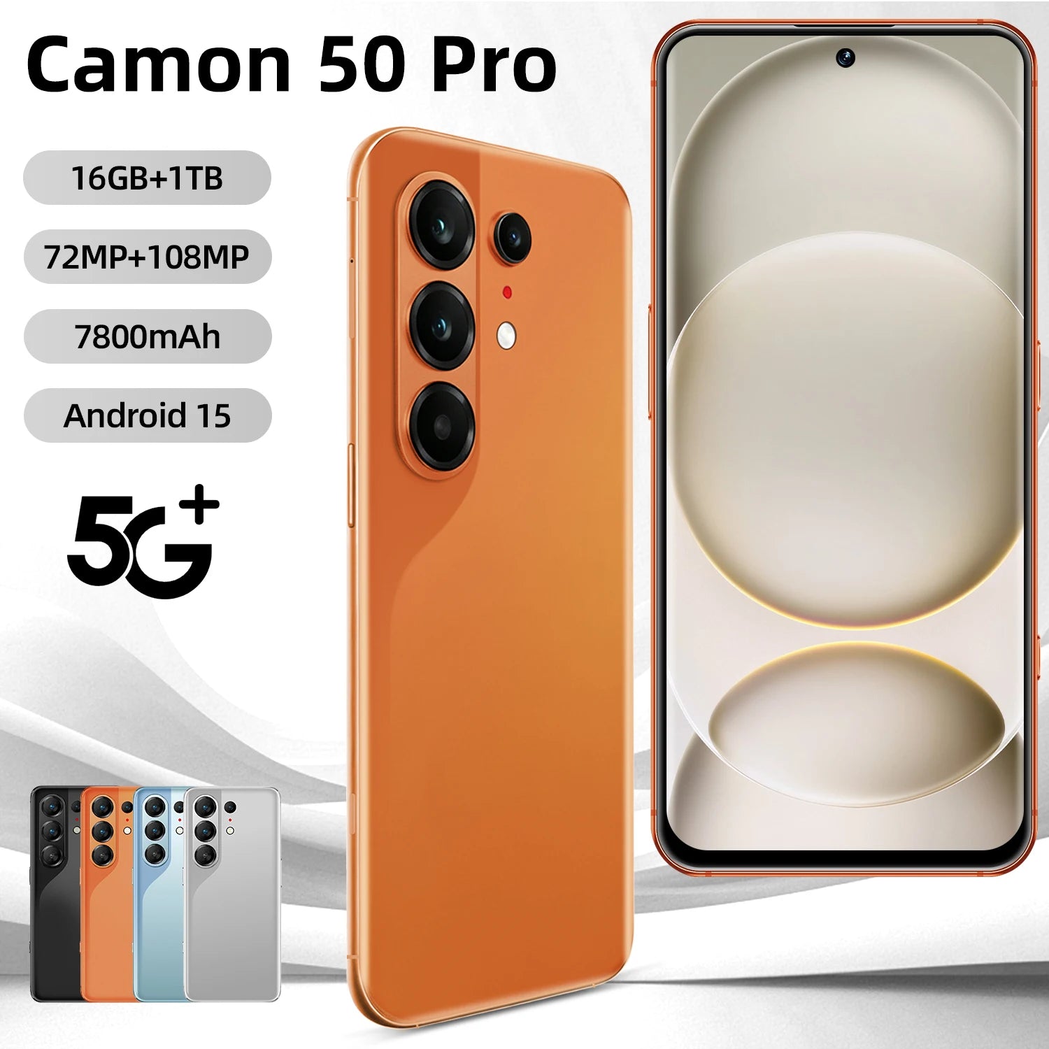 Camon 50 Pro 5G gaming smartphone with 7.3-inch micro curved screen, 16GB RAM and 1TB storage, side view.