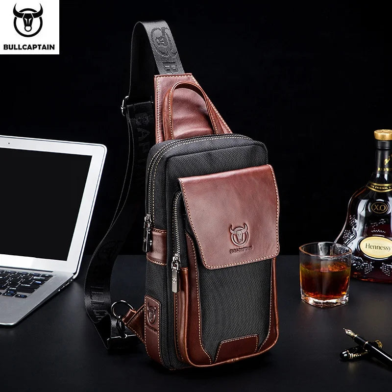 BULLCAPTAIN men's brown leather and black canvas crossbody chest bag with adjustable logo shoulder strap.