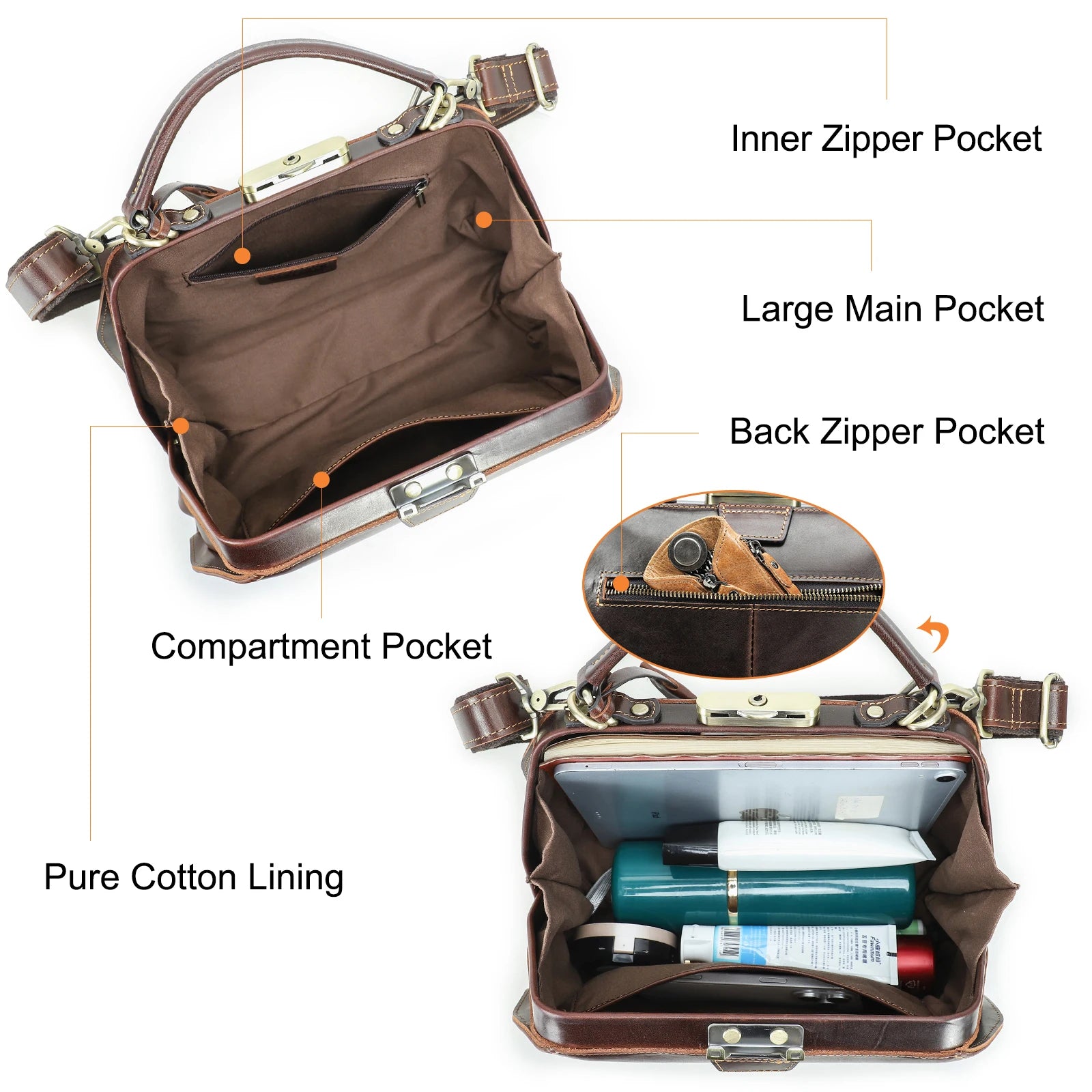 Vintage brown full grain leather doctor satchel with lock, cotton lining, and internal pockets for iPad and essentials.