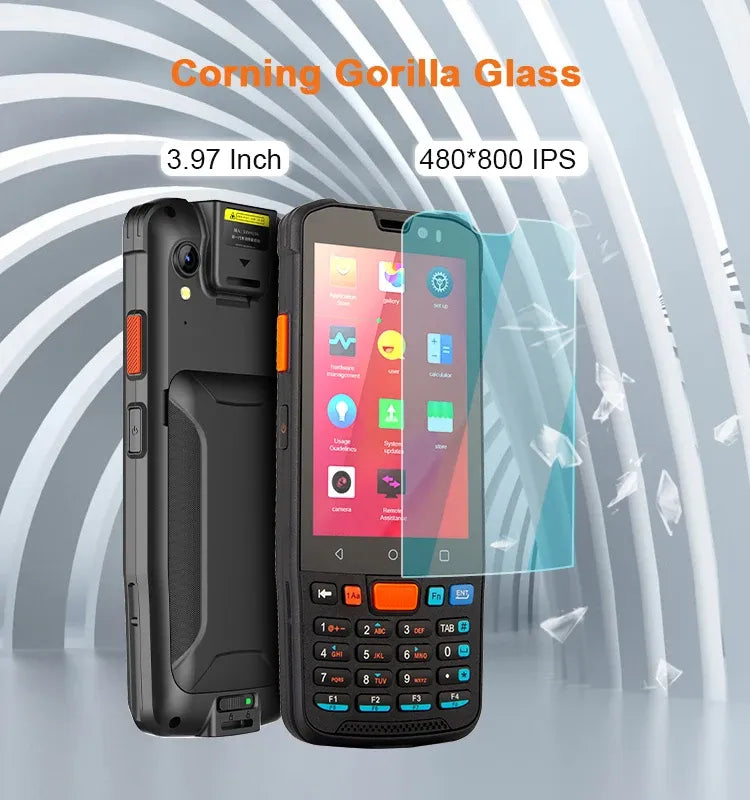 Black rugged Android PDA with clear screen cover and physical keypad