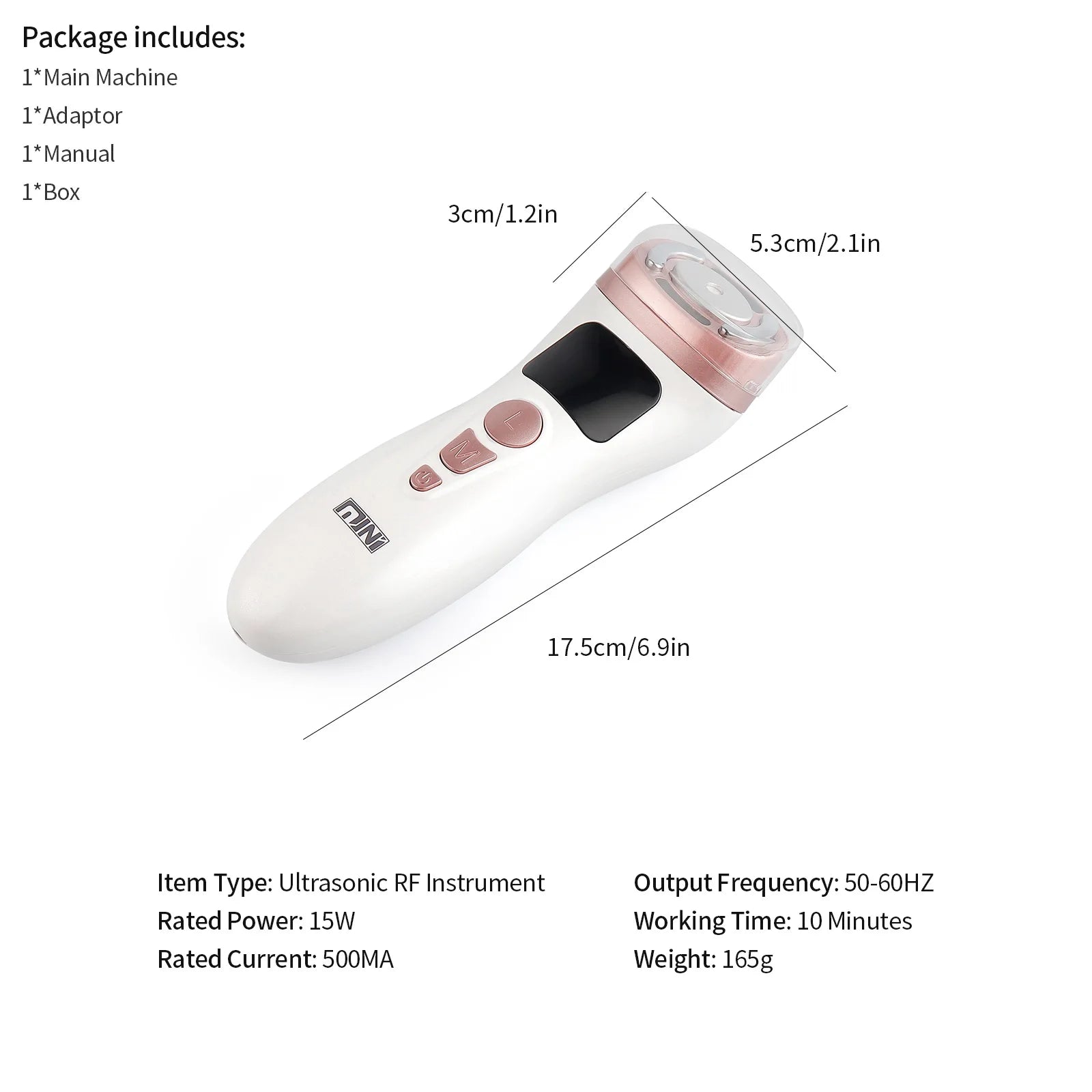 White and rose gold handheld ultrasonic facial lifting device with dimension labels, shown against a white background.