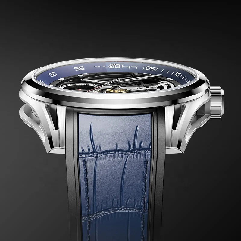Luxury Fully Automatic Hollow Dial Mechanical Men's Watch Multifunctional Luminous Leather Strap Fashionable Business Watch