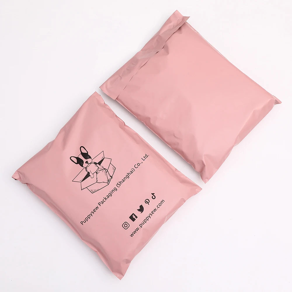 Pink poly mailer shipping bags with printed logo and social icons