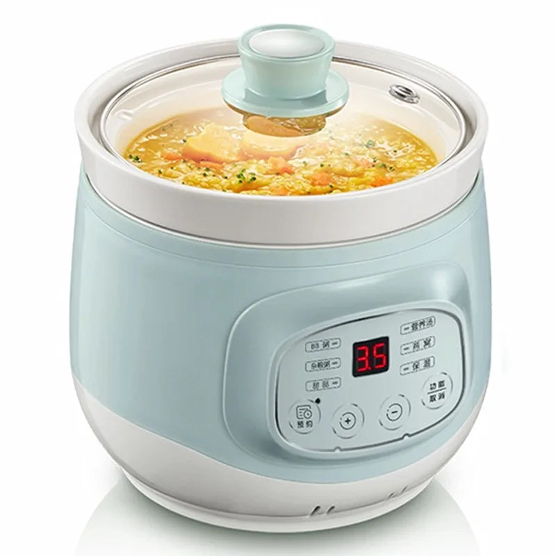 1L mini electric slow cooker with glass lid, light blue body, and digital display