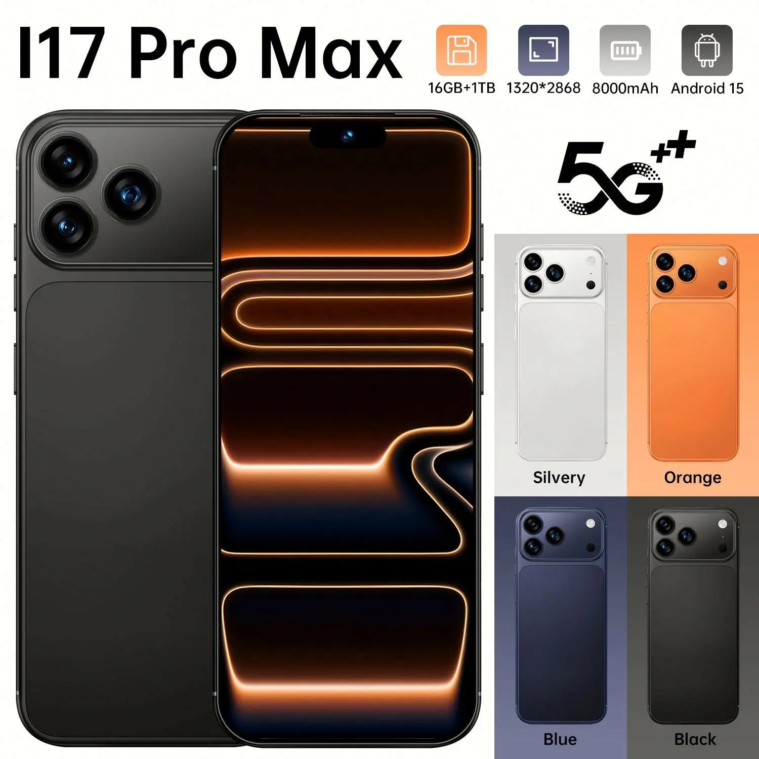 I17 Pro Max smartphone in purple, gold, black, or red featuring 16GB RAM, 1TB storage, 5G, and octa-core CPU.