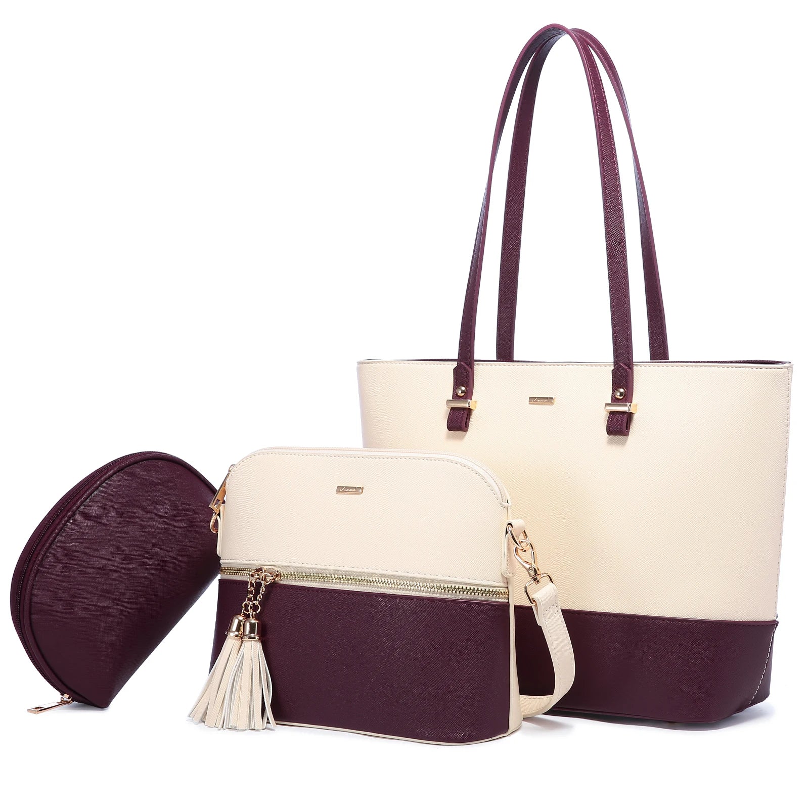3-piece designer handbag set in cream and burgundy PU leather featuring a tote, crossbody bag, and matching pouch.