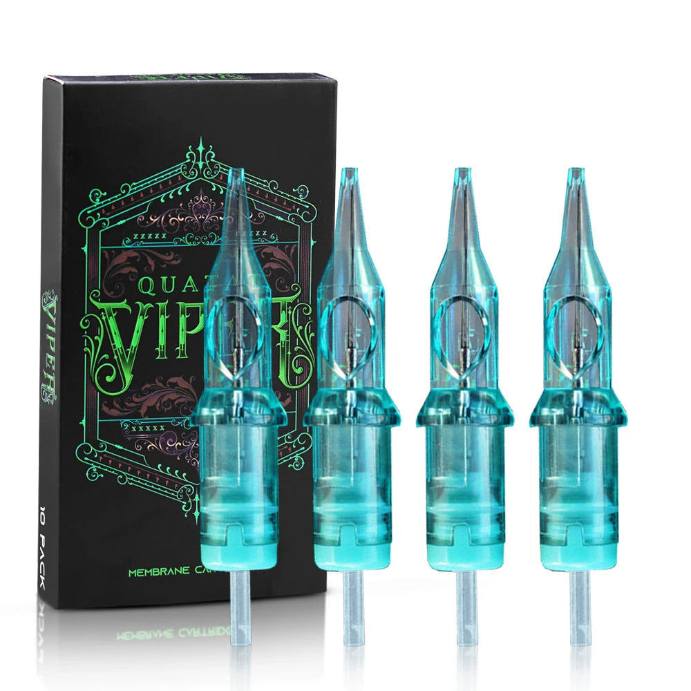 Viper membrane tattoo needle cartridges in a box. Four translucent blue plastic tips with metal needles for tattooing.