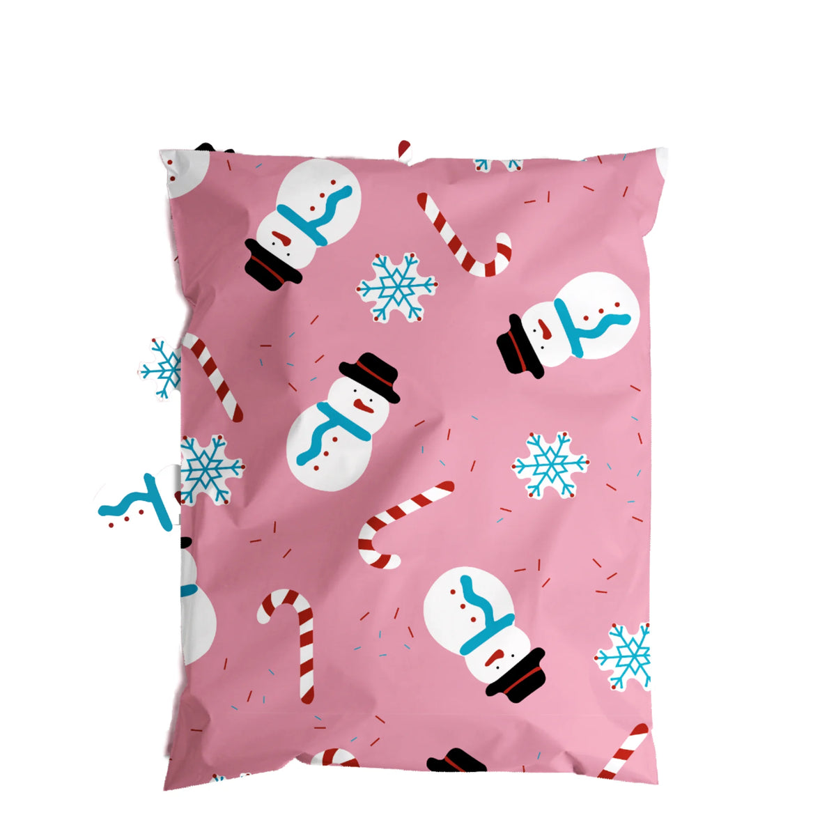 Waterproof poly mailer bag, pink with snowman and candy-cane print