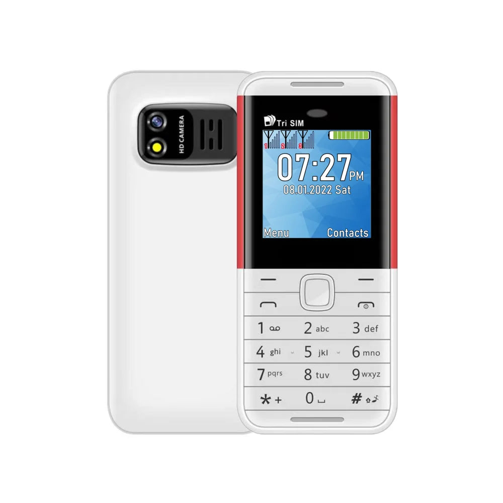 Mini triple-SIM feature phone, white with red stripe and visible keypad