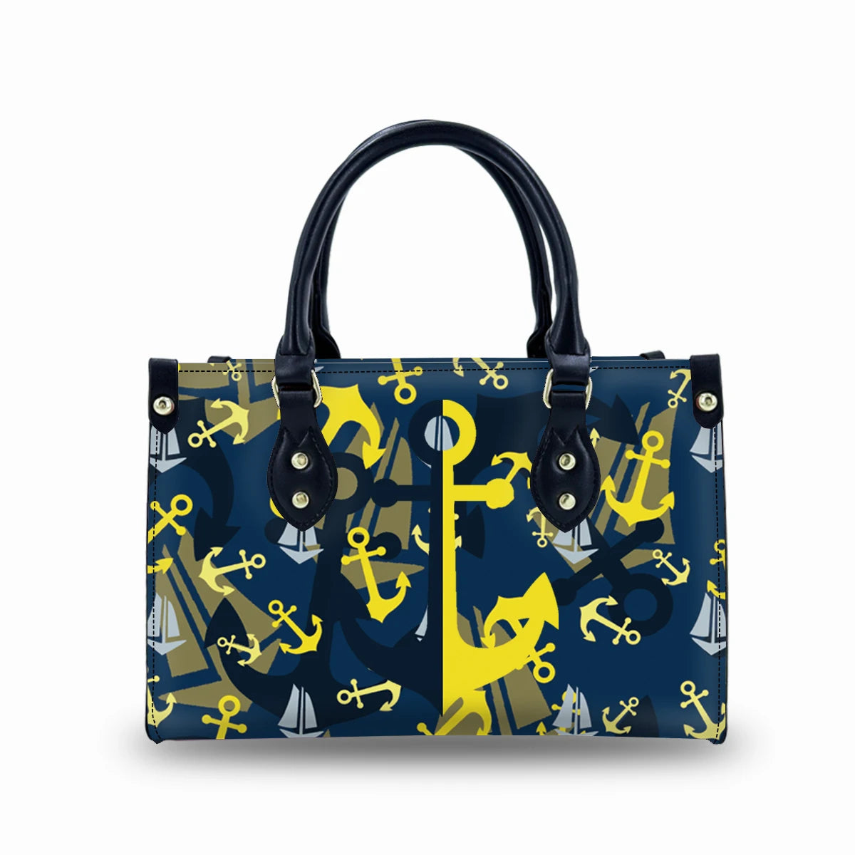 Genuine leather handbag with blue and yellow anchor pattern, black handles, and buckle closure, nautical trunk style.