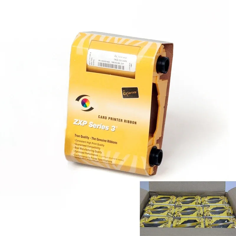 Yellow ZXP Series 3 card printer ribbon cartridge with printed label, end reels shown
