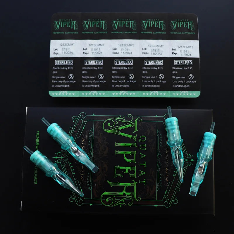 Viper membrane tattoo needle cartridges. Translucent teal plastic casings on black packaging. Sterile, single-use tools.