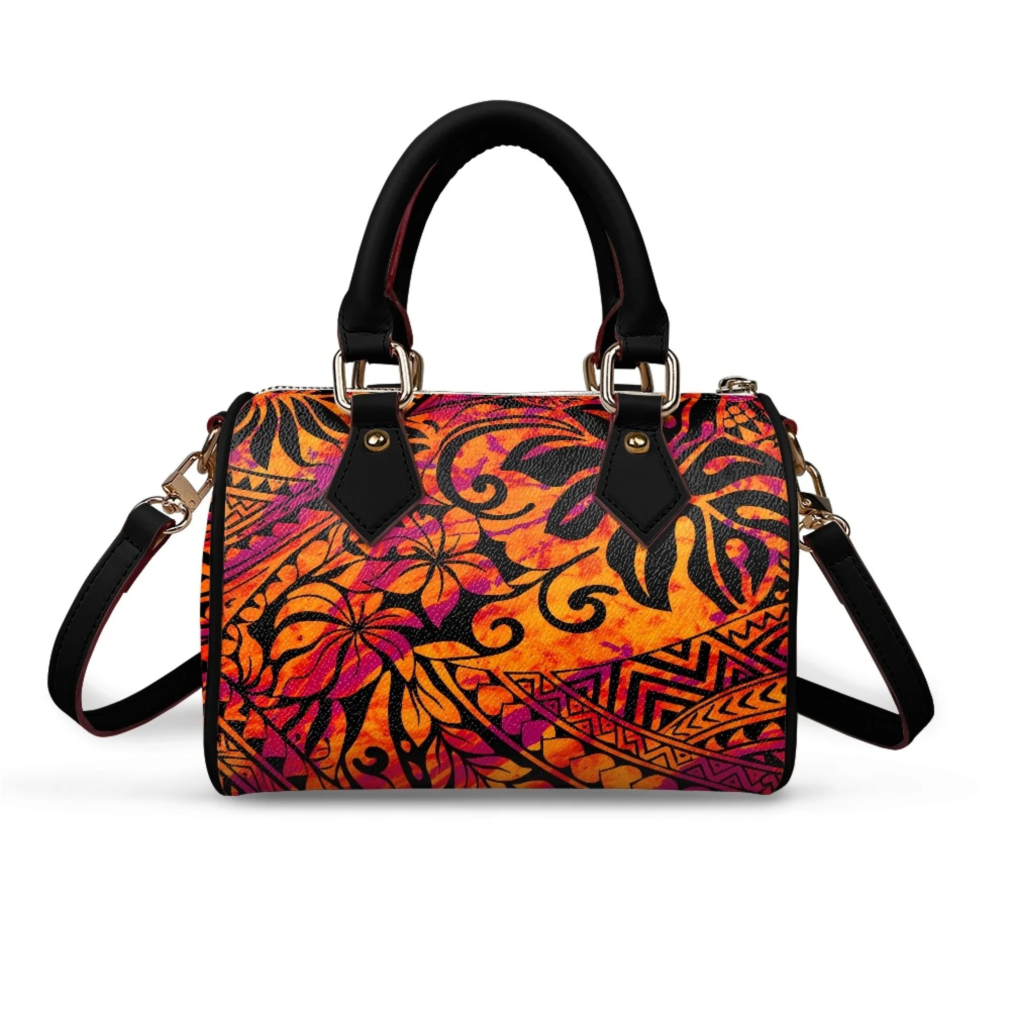 Orange and purple floral tribal print pillow handbag with black top handles and adjustable shoulder strap. Trunk style.
