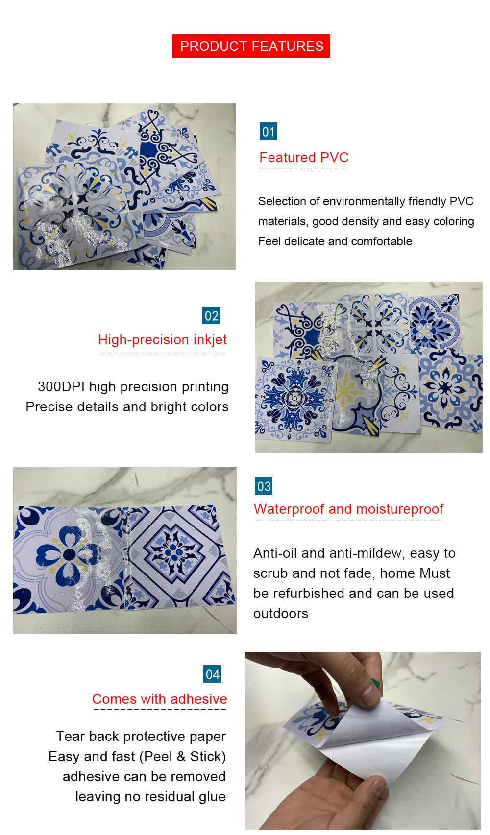 16pcs Retro Moroccan Style Tiles Kitchen Oil-poof & Waterproof Sticker Cupboard Bathroom Home Renovation Peel & Stick Wallpaper