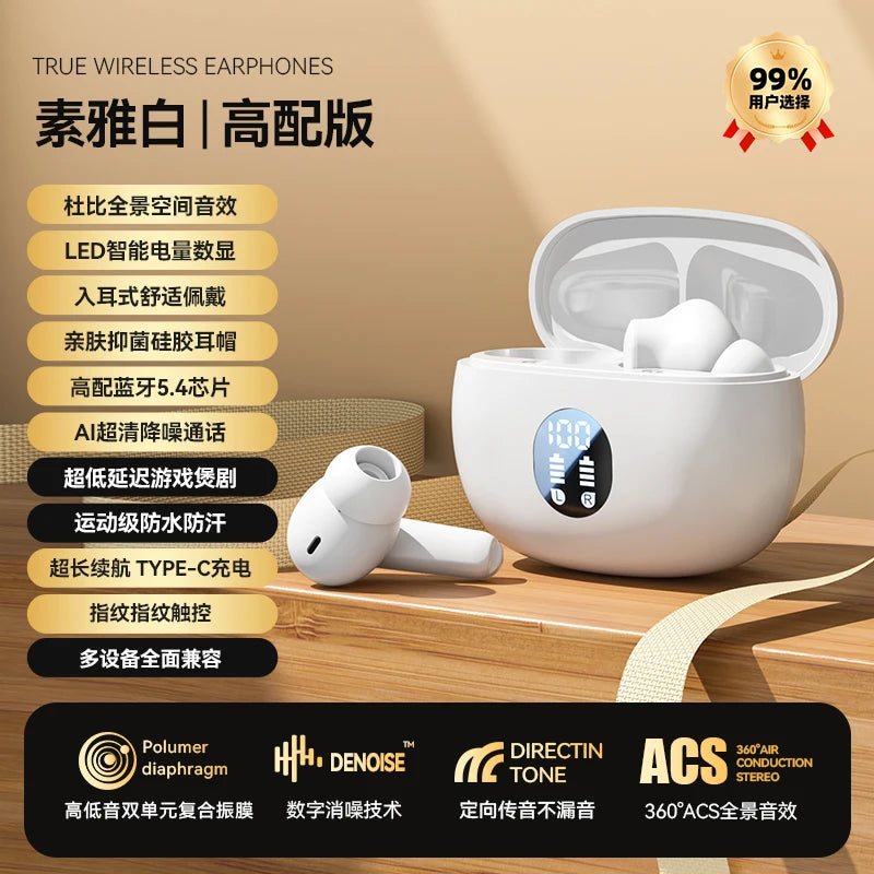 For Bluetooth In-Ear Headset LED Battery Wireless Noise Reduction Long Endurance High Sound Quality for Sports Running white Tidesmit