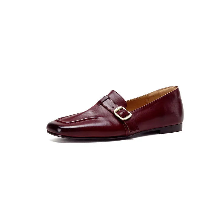 Genuine Leather Women's Loafers Square Toe Slip-On Low Heel Dress Shoes Anti-Slip All Seasons