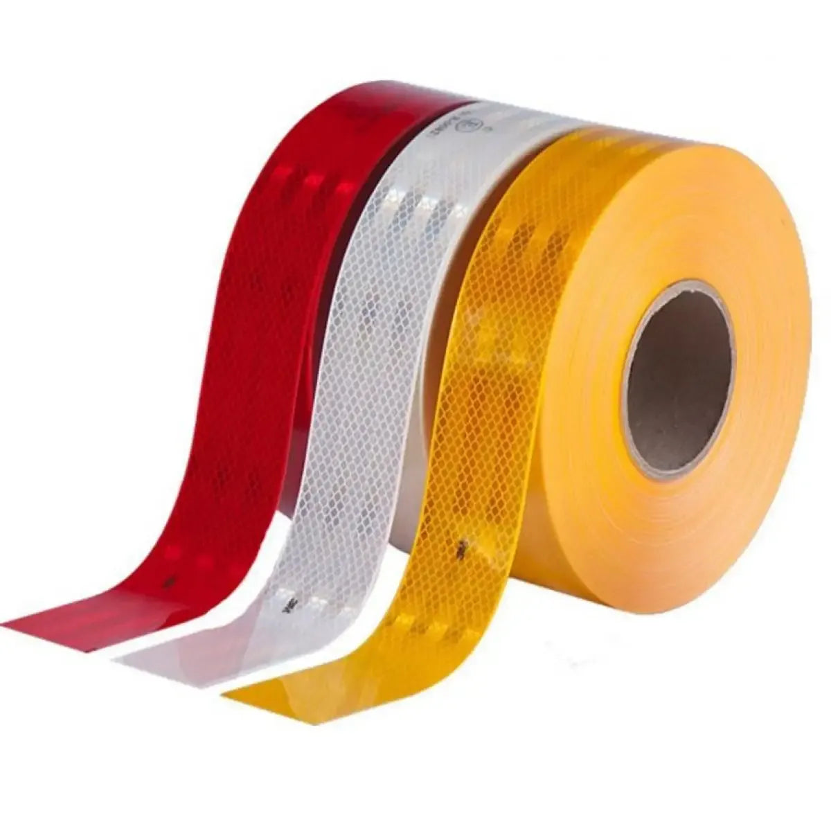 Reflective road safety tape rolls in red, white, and yellow, three-color set