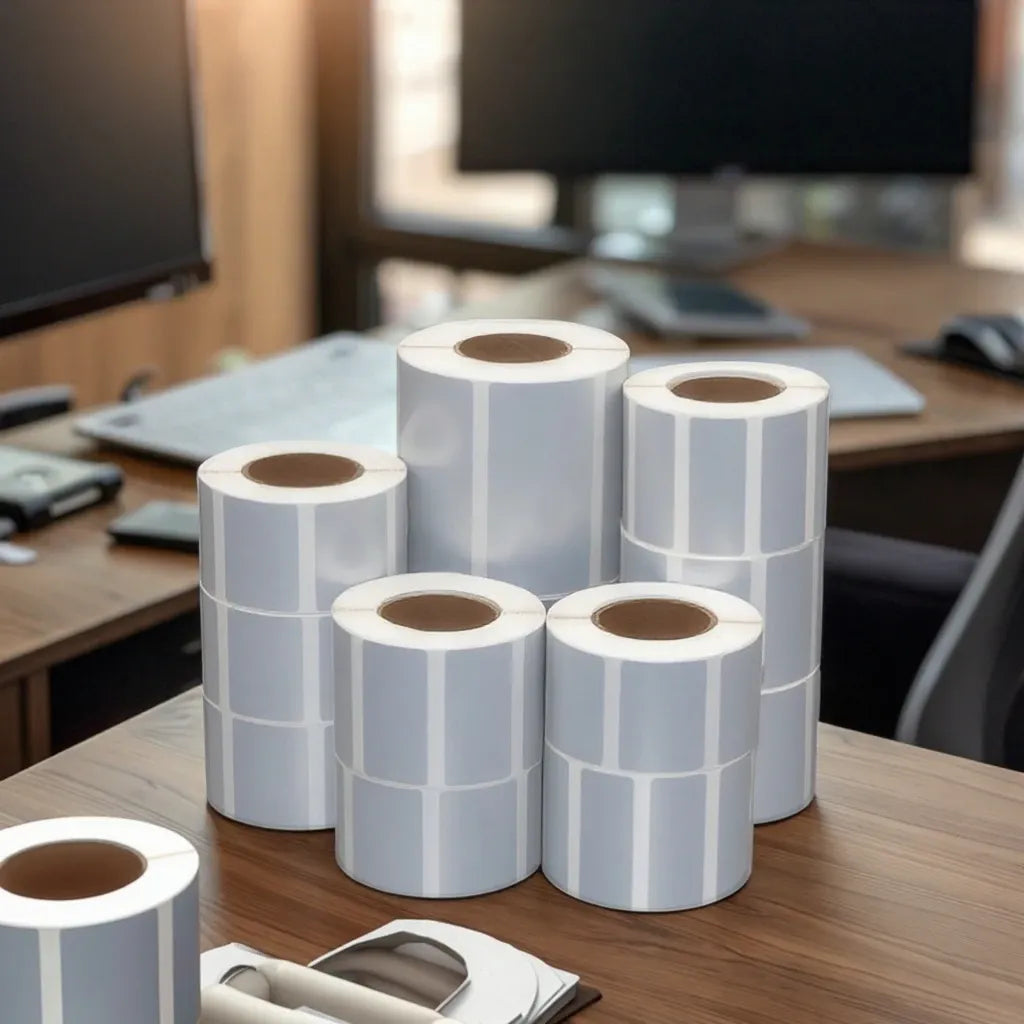 Thermal matte silver PET adhesive label roll, multiple rolls stacked