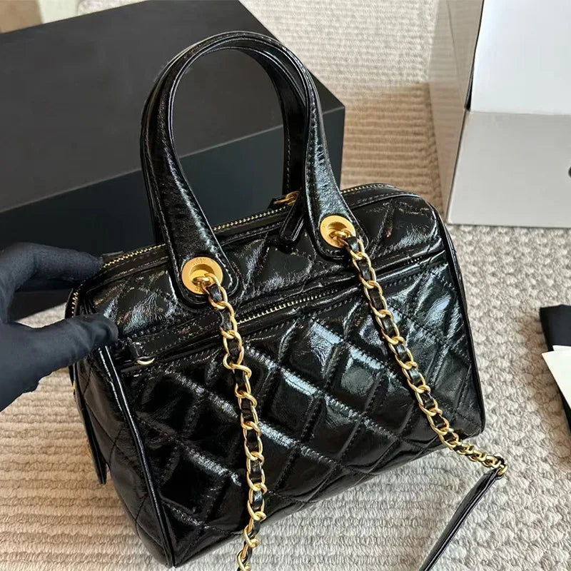 Quiet Luxury Icon Shiny Diamond Quilted Barrel Satchel for Yacht Vacation and Gala Dinner Sophisticated Aesthetic Handbag