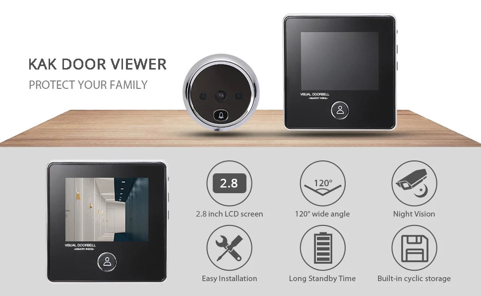 KAK 2.8" LCD Screen Electronic Door Viewer Bell IR Night Door Camera Photo Recording Digital Door Viewer Smart Peephole Doorbell