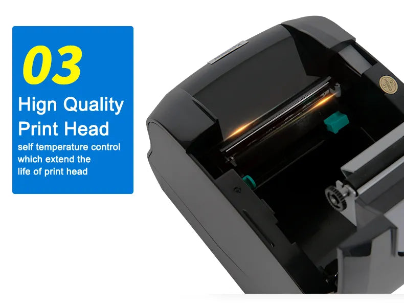 Black thermal printer with open print head view and thermal mechanism inside