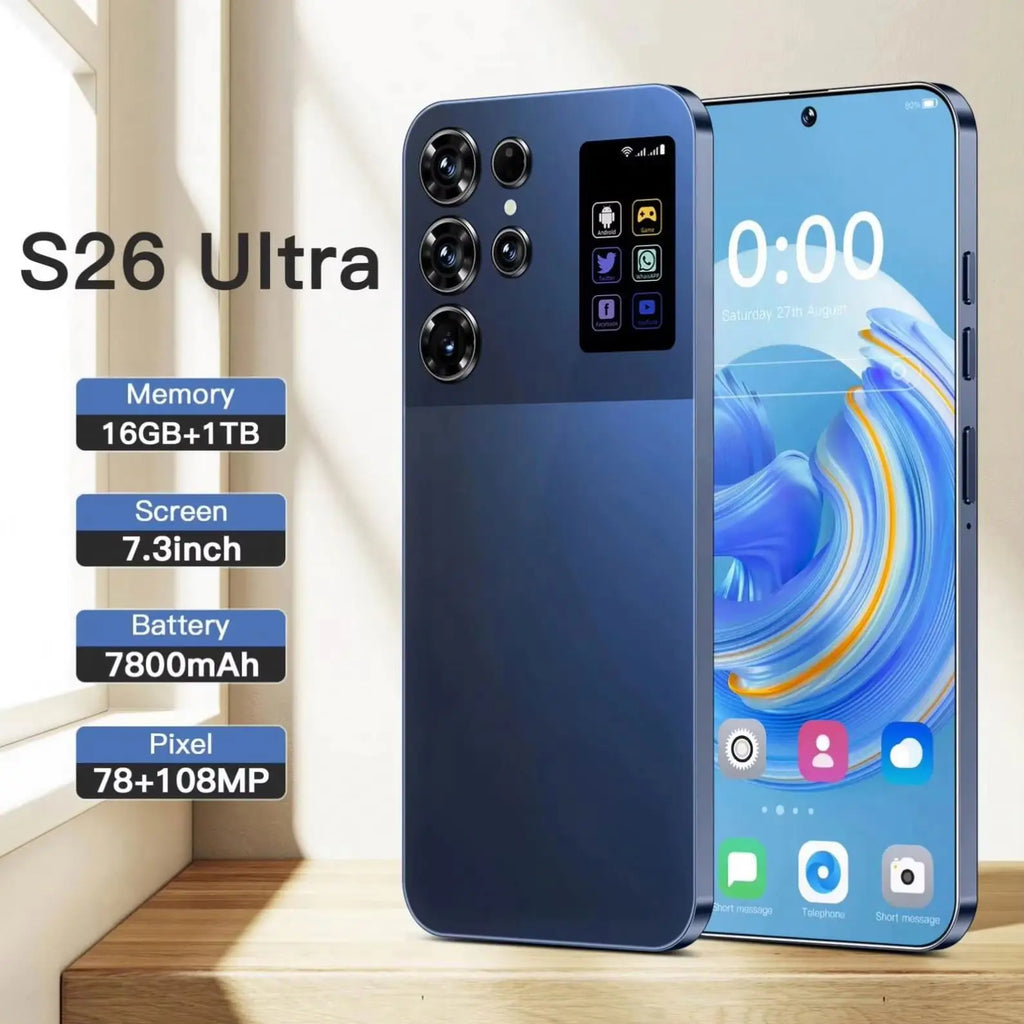 Tidesmit S26 Ultra 5G smartphone with 7.3 inch HD screen, 12GB RAM, 512GB storage, and stylus in global version.
