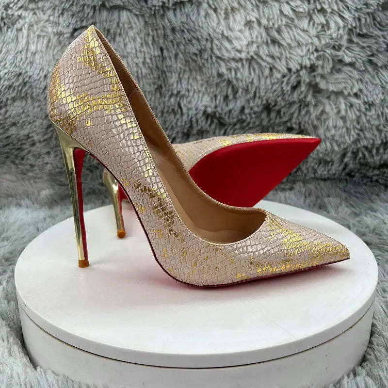 European American Style Animal Print 10cm/12cm Pointed Toe Slip-On Stiletto Heel Red Bottom Thin Rubber Outsole Women's Spring