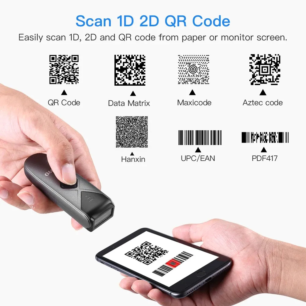 Handheld Eyoyo barcode scanner scanning a smartphone barcode label