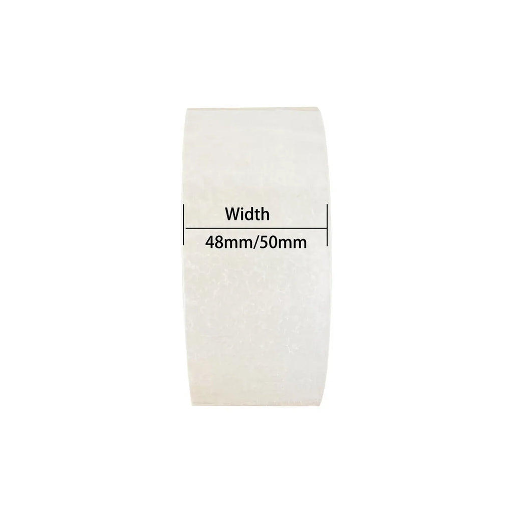 Roll of clear BOPP packaging tape showing width measurement label