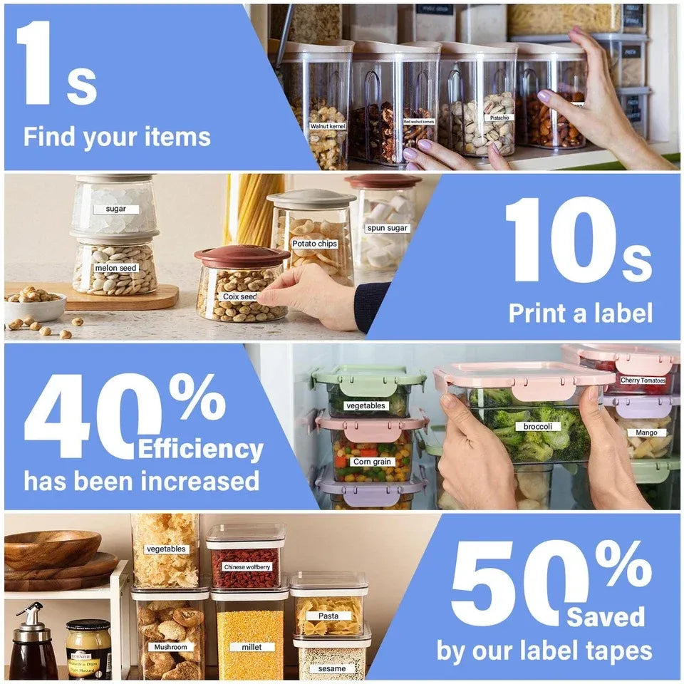 Label tape benefits infographic: find items, print labels, increased efficiency, saved time