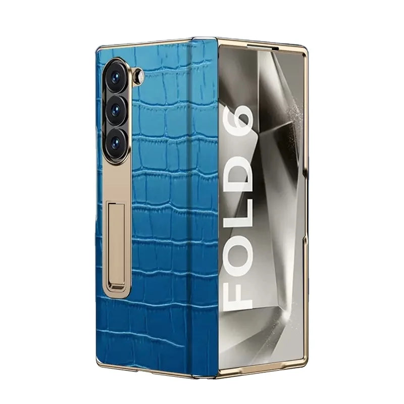 Gradient Colorful Crocodile Genuine Leather Electroplated Hinge Tempered Screen Protector for Samsung Galaxy ZFold 6 Z Fold 5 Tidesmit