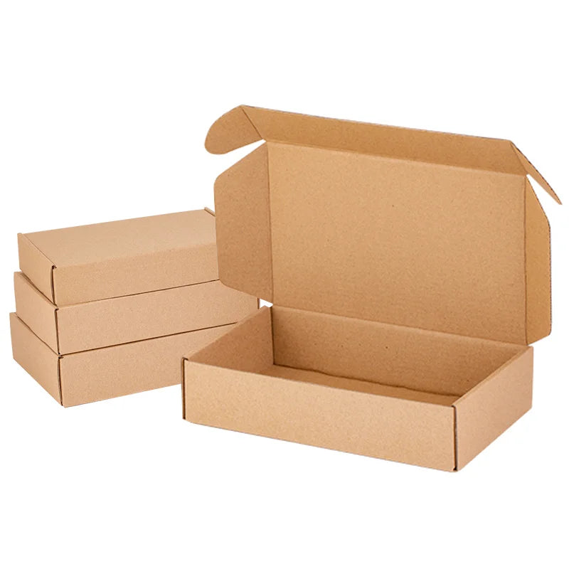 Brown kraft mailer boxes with hinged lids, open and closed, small shipping size