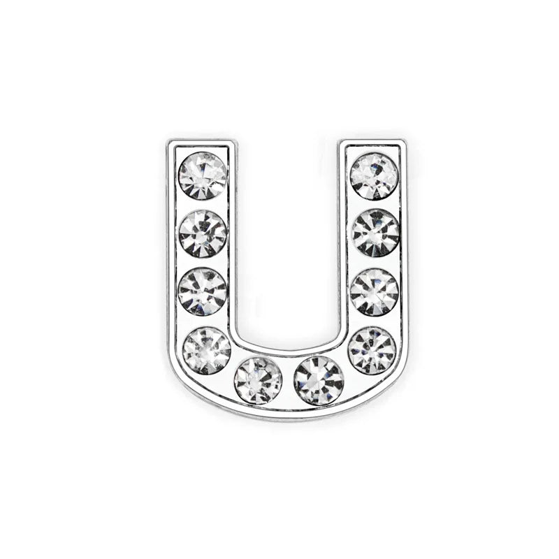 Silver U letter slide charm with rhinestones for 8mm DIY pet collars to personalize your dog or cat's accessory.