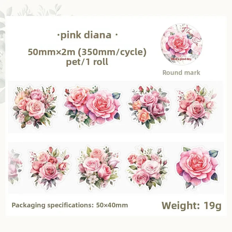 Pink diana PET masking tape packaging with pink rose sticker icons and round mark