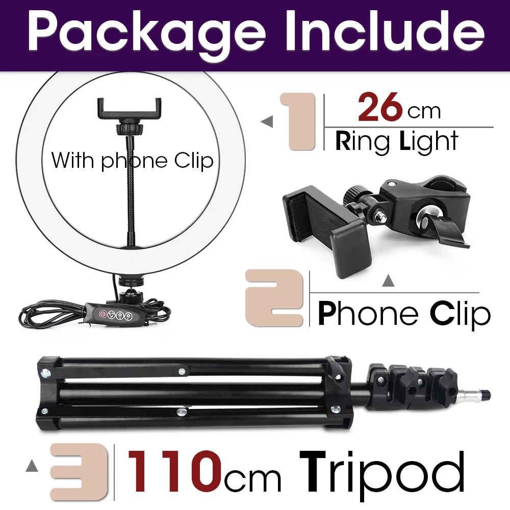 LED Ring Light with Tripod Stand for Live Streaming and Content Creation 26cm and 110cmTripod Tidesmit