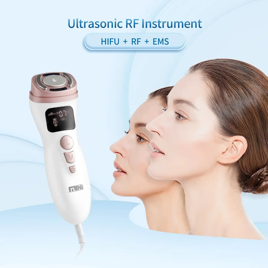 White and rose gold handheld HIFU facial tightening device with digital display and controls next to a woman's profile.