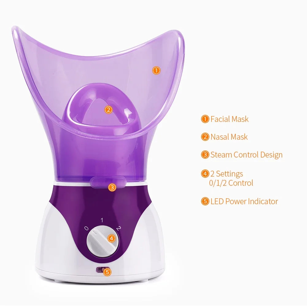 Purple home face steamer with nasal mask, 2 steam settings, and LED power indicator for facial spa and pore cleaning.