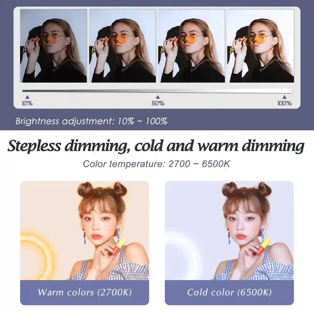Ring light showing stepless brightness and color temperature adjustment between 2700K warm and 6500K cold tones.