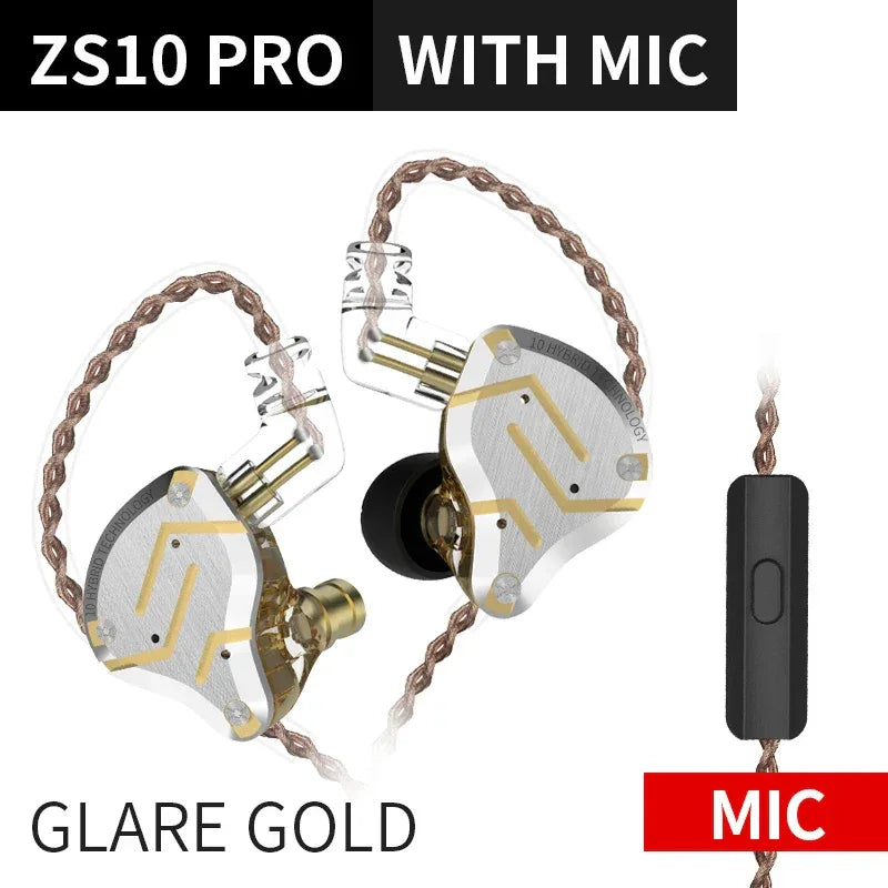 KZ ZS10 Pro 5-Driver HiFi Wired In-Ear Monitors by Tidesmit Glare Glod mic Tidesmit