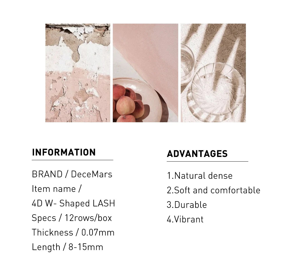 DeceMars 4D W-shaped eyelash extensions, 0.07mm thickness, 12 rows per box, in an aesthetic minimalist collage.