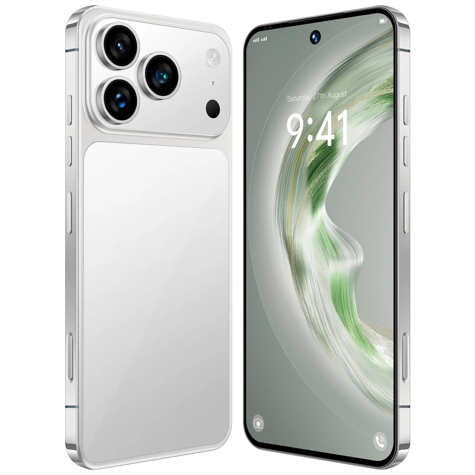 Silver smartphone showing rear triple-camera and front display with 9:41 time