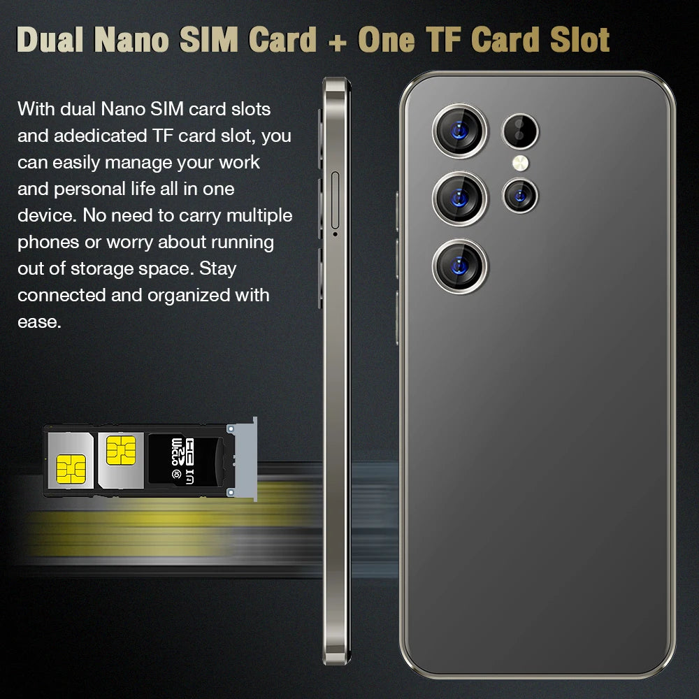 Tidesmit S24 Ultra 5G smartphone with 7.3 inch display, 16GB RAM, 1TB storage, and waterproof design for gaming.