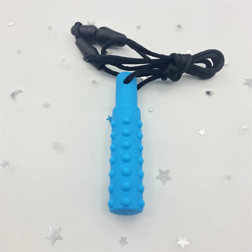 Blue silicone baby teething toy on a black necklace for soothing sore gums.