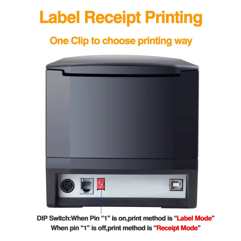 Black label and receipt printer rear ports panel with DIP switch