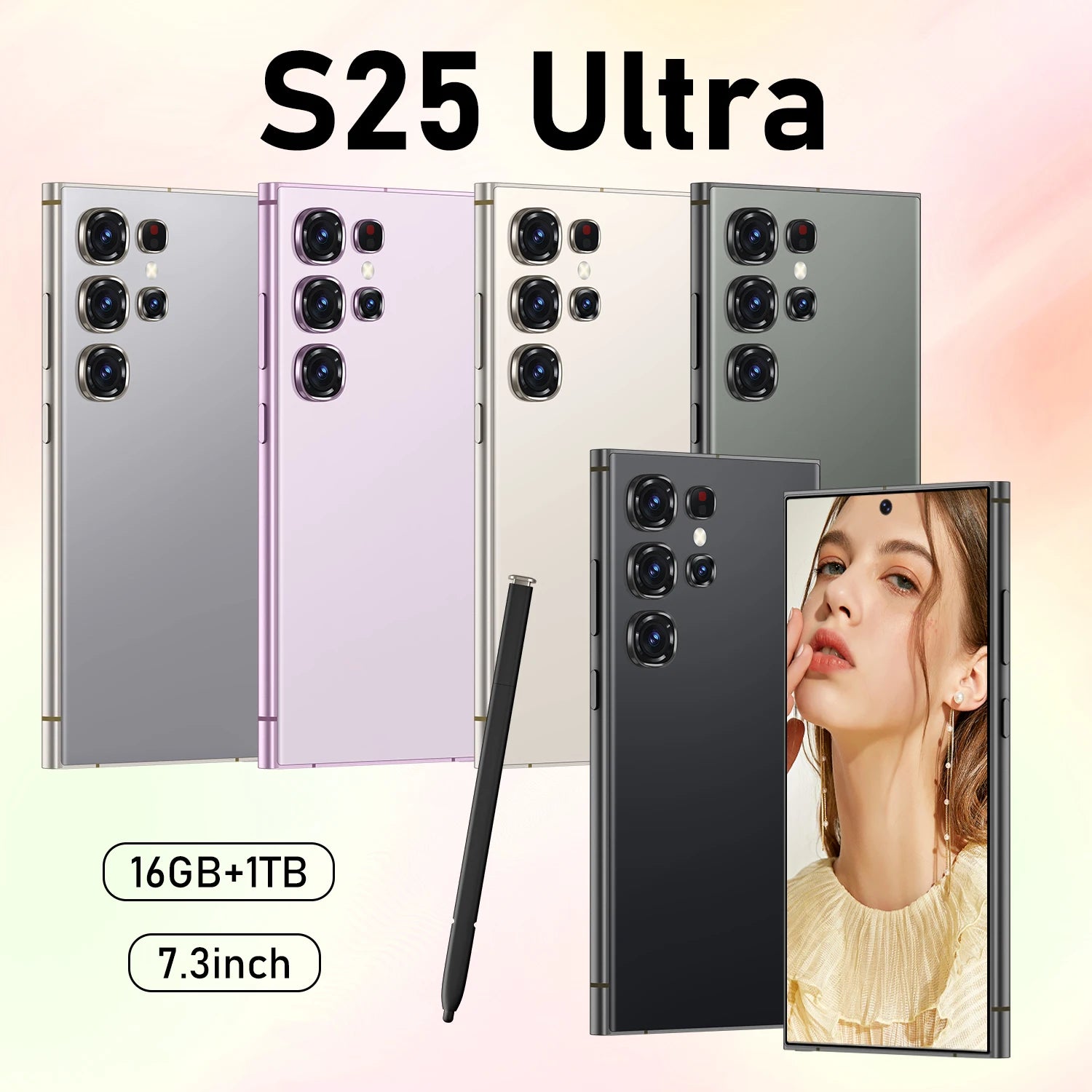 Tidesmit S25 Ultra 7.3 inch smartphone showing sleek design and high-resolution camera lenses for gaming.