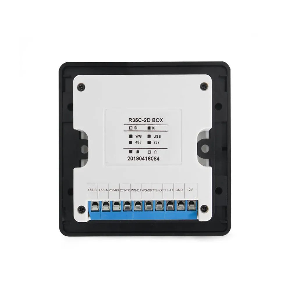 Back view of QR code access reader control box with blue screw terminals