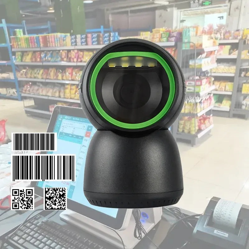 Desktop barcode and QR scanner in store with barcode and QR code overlays